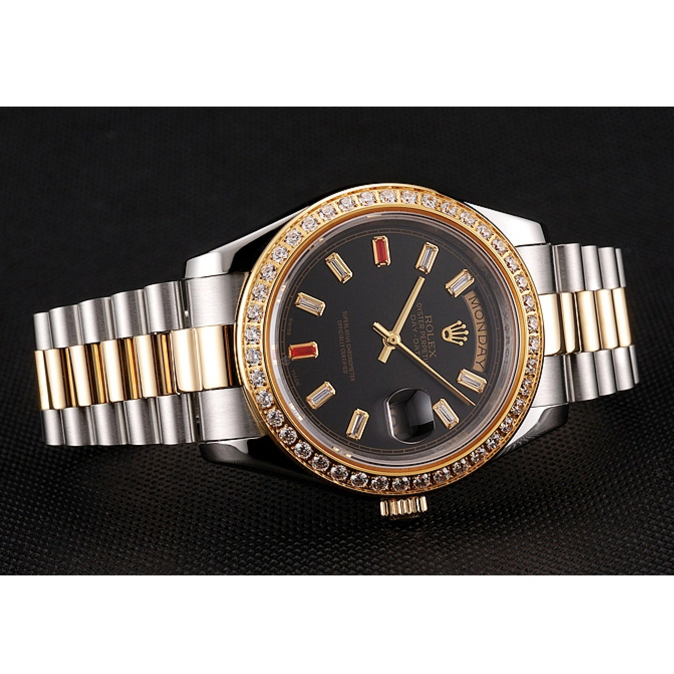 AAA replica watch 1454105 Bracelet Swiss Two Diamonds Black Rolex Dial Tone And Day-Date Rubies 1014
